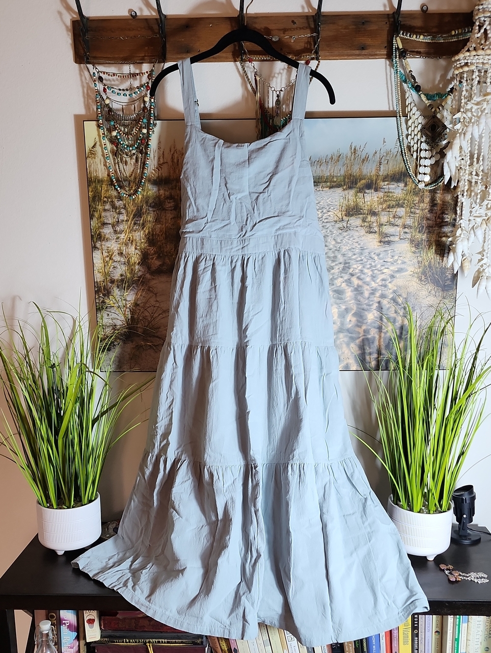Light Blue Tiered Maxi Dress with Wide Straps - Women's Summer Maxi